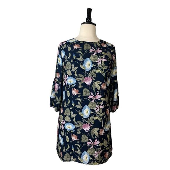 Ann Taylor Shift Dress 3/4 Sleeves Round Neck Blue Green Floral Women’s Size 14P - Picture 1 of 12